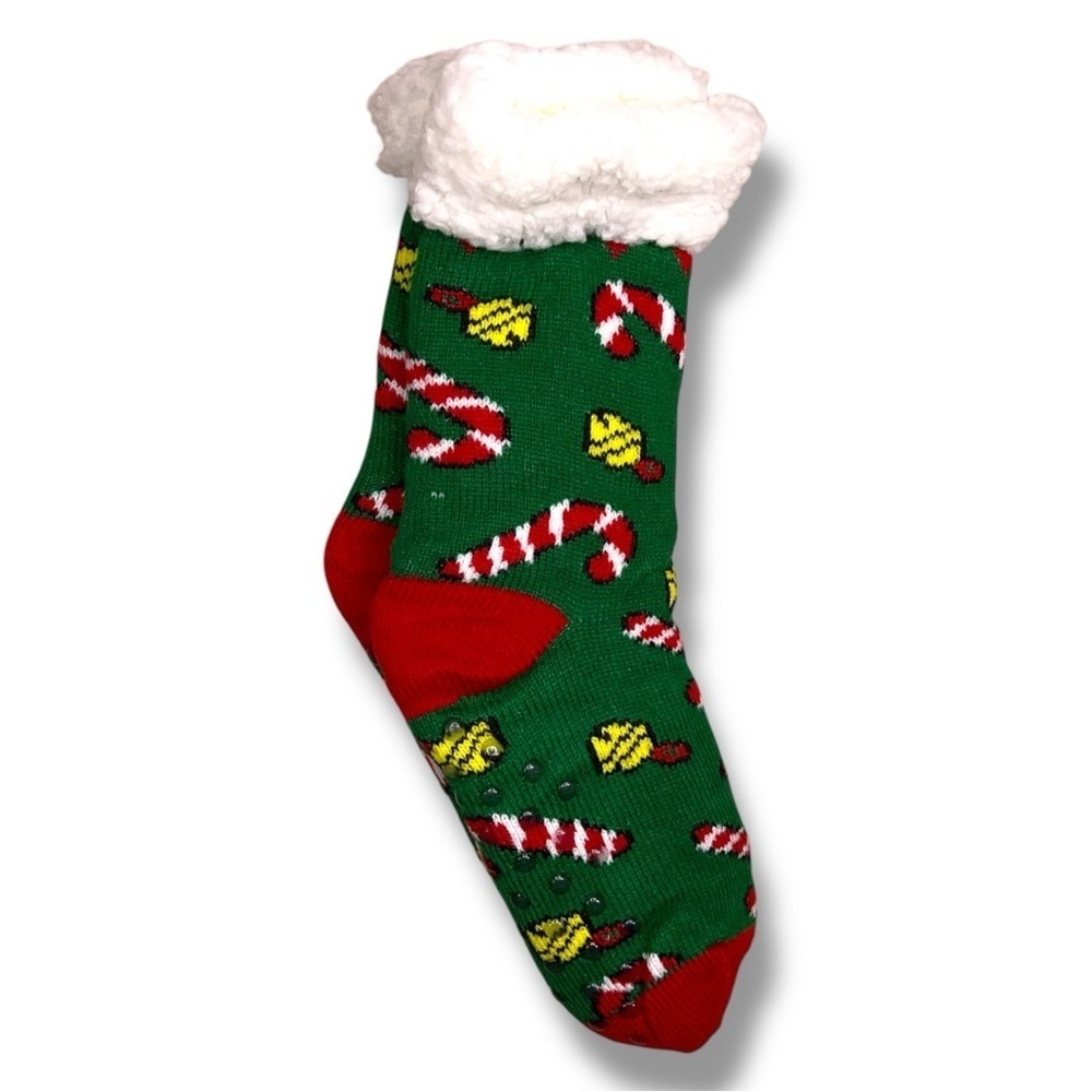 New Holiday Christmas Socks Womens One Size Faux Sherpa Lining Green Bell Candy